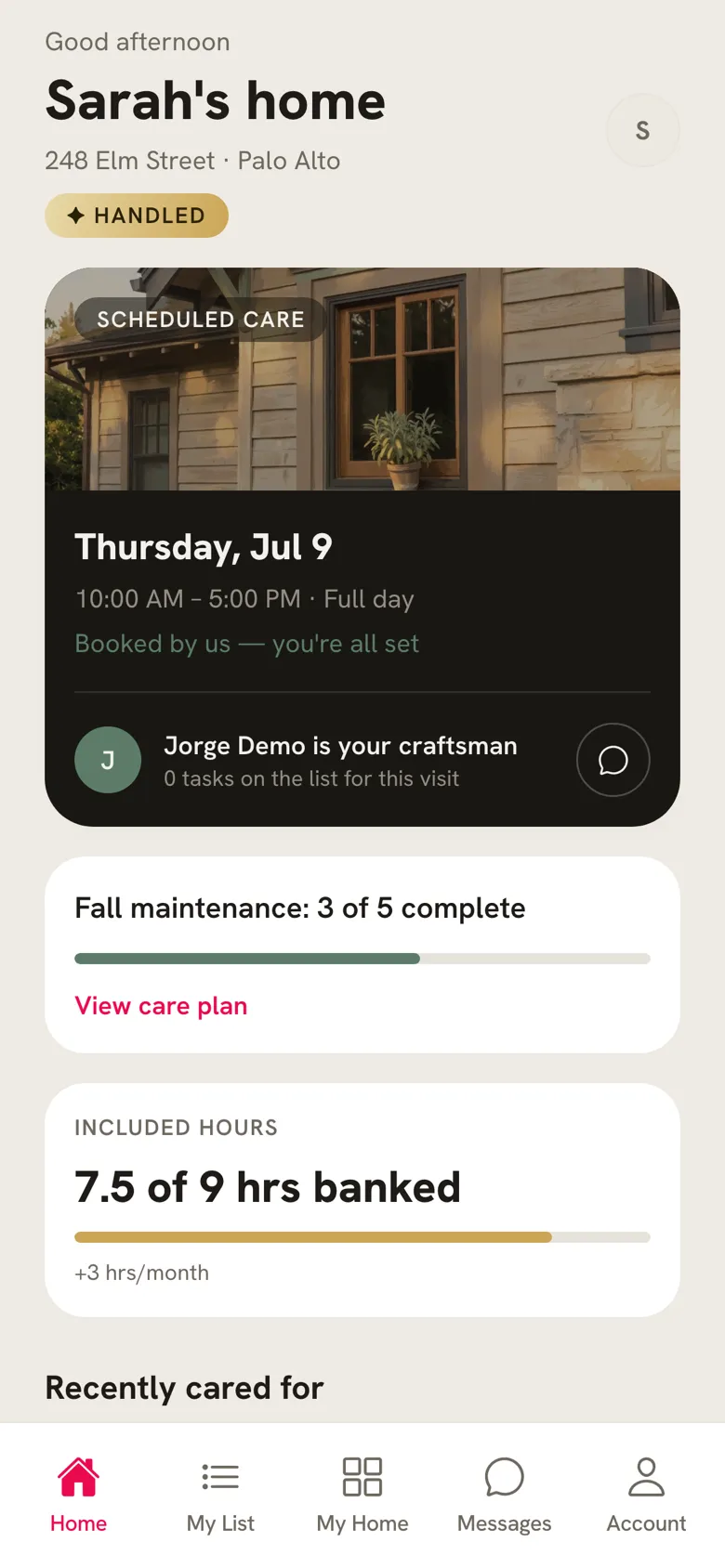 Hello Handy app home screen showing membership status and the next visit
