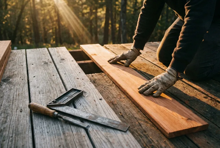 A rebuilt redwood deck with fresh boards and sealant, tools resting on the surface
